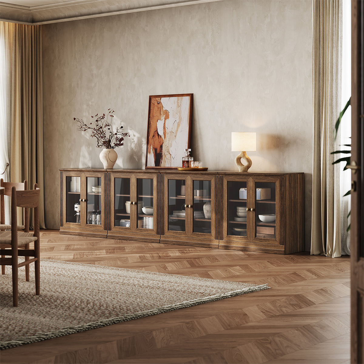 MONOS 4-piece base cabinet set in Walnut in a dining room