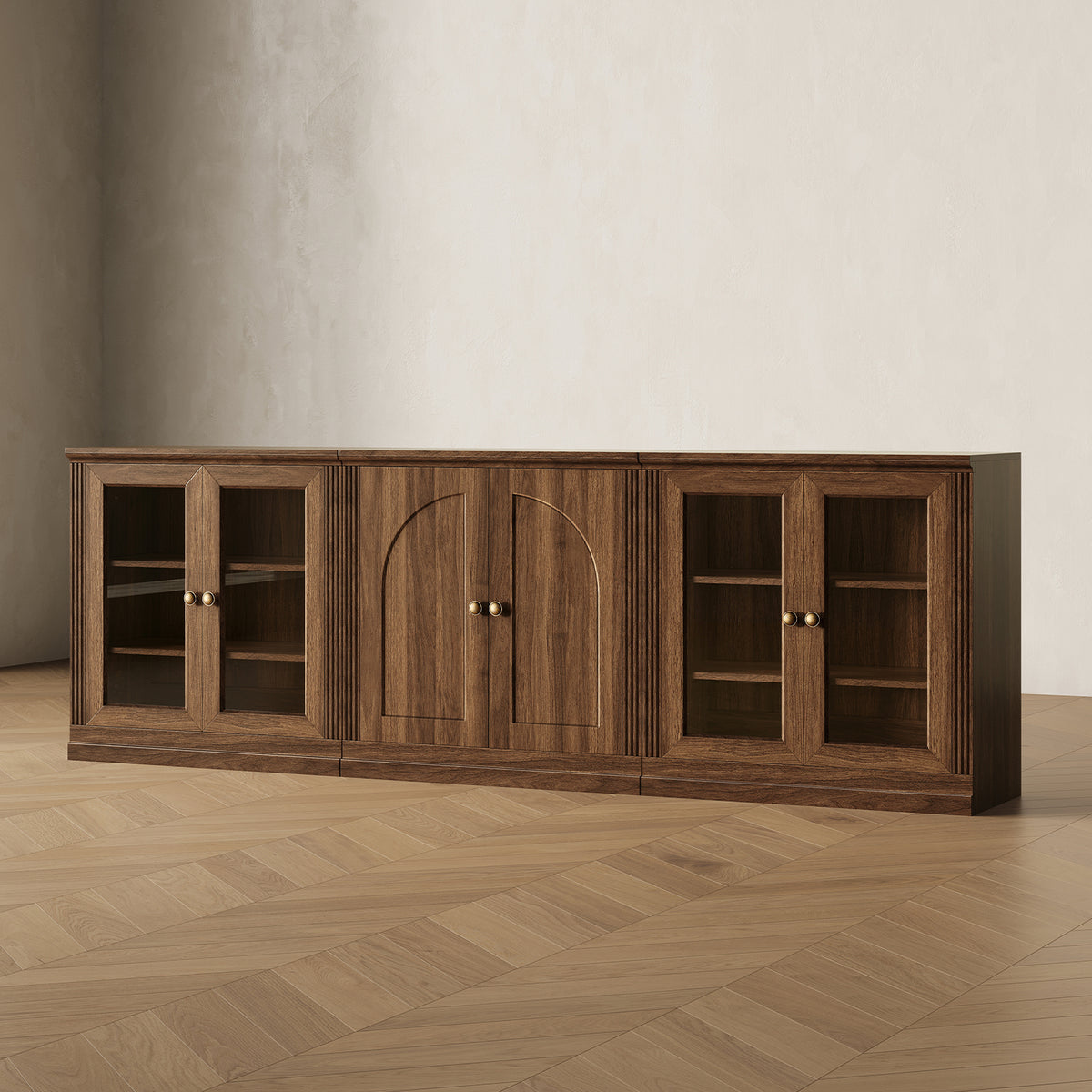 MONOS 3-piece base cabinet set in Walnut, angled view