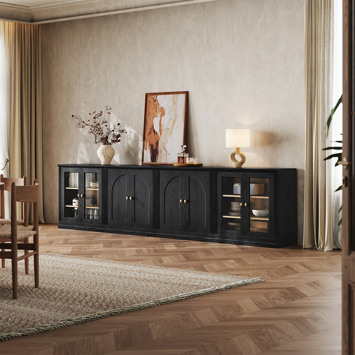 MONOS 4-piece base cabinet set in Black in a dining room