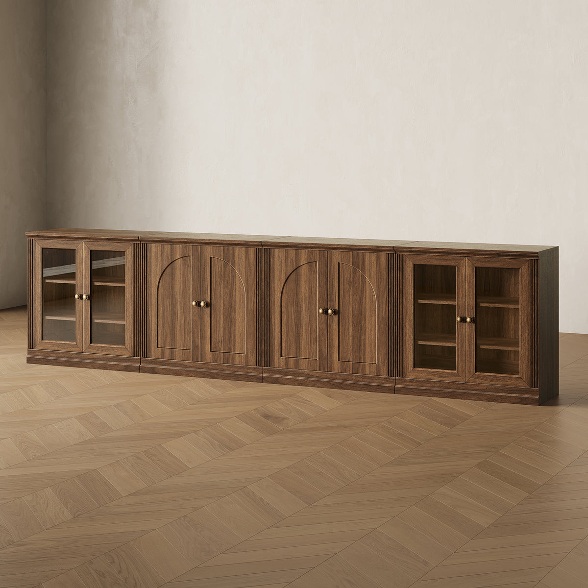 MONOS 4-piece base cabinet set in Walnut, angled view