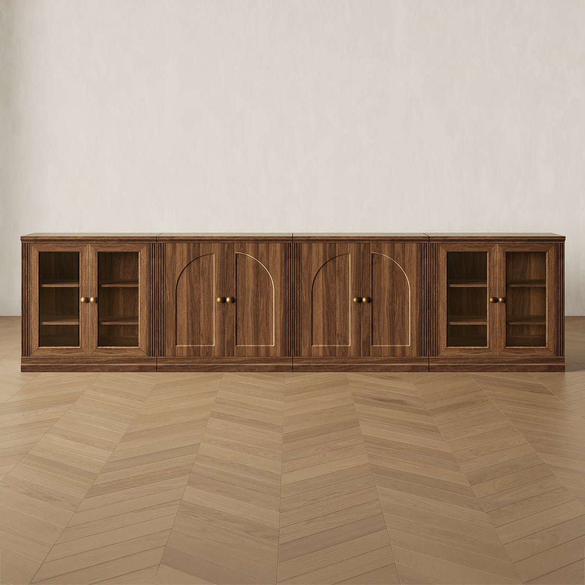 MONOS 4-piece base cabinet set in Walnut, front view