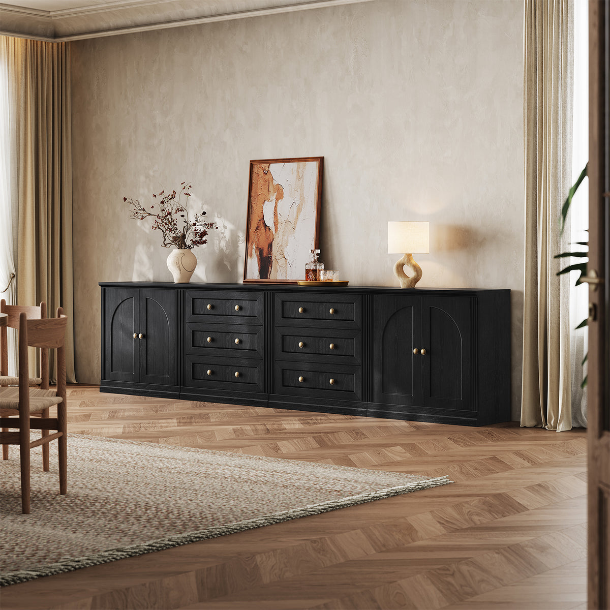 MONOS 4-piece base cabinet set in Black in a dining room