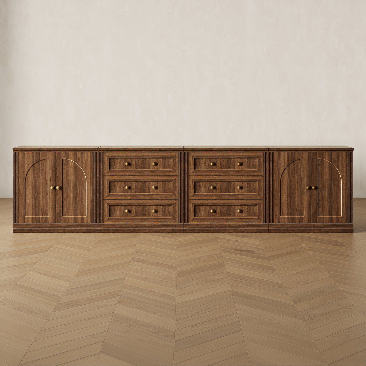 MONOS 4-piece base cabinet set in Walnut, front view