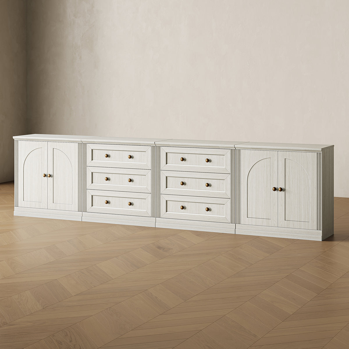 MONOS 4-piece base cabinet set in White, angled view