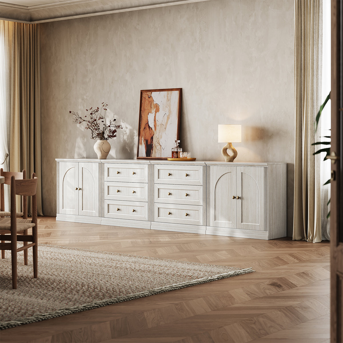 MONOS 4-piece base cabinet set in White in a dining room