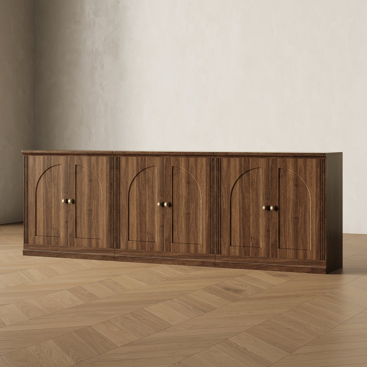 MONOS 3-piece base cabinet set in Walnut, angled view