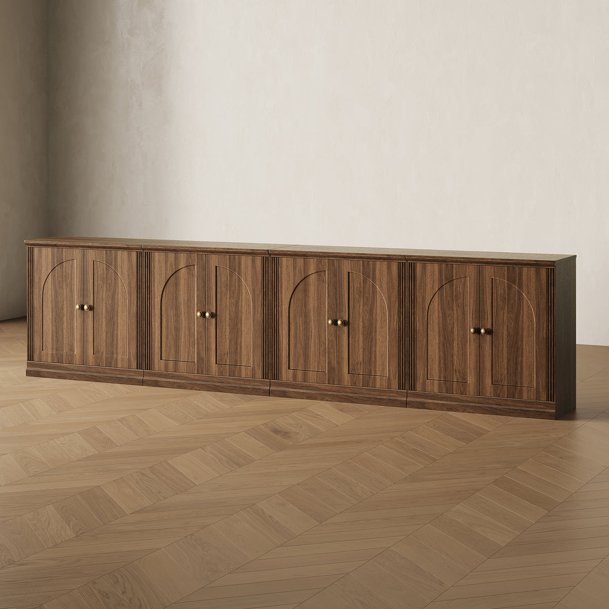 MONOS 4-piece base cabinet set in Walnut, angled view