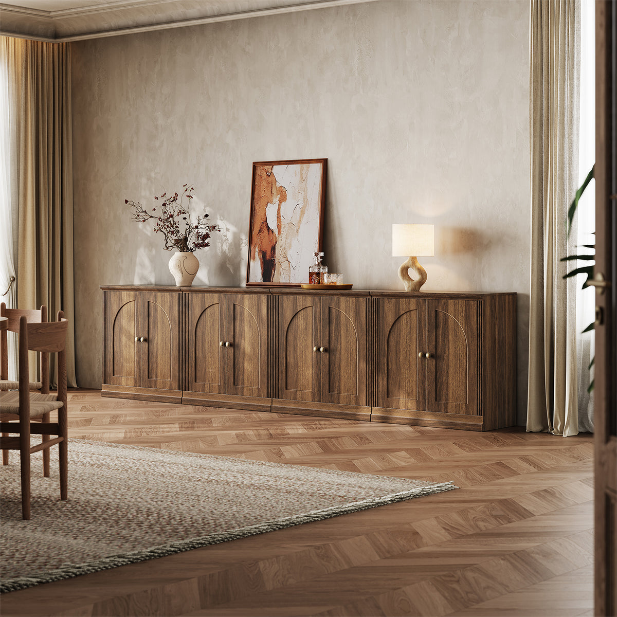 MONOS 4-piece base cabinet set in Walnut in a dining room