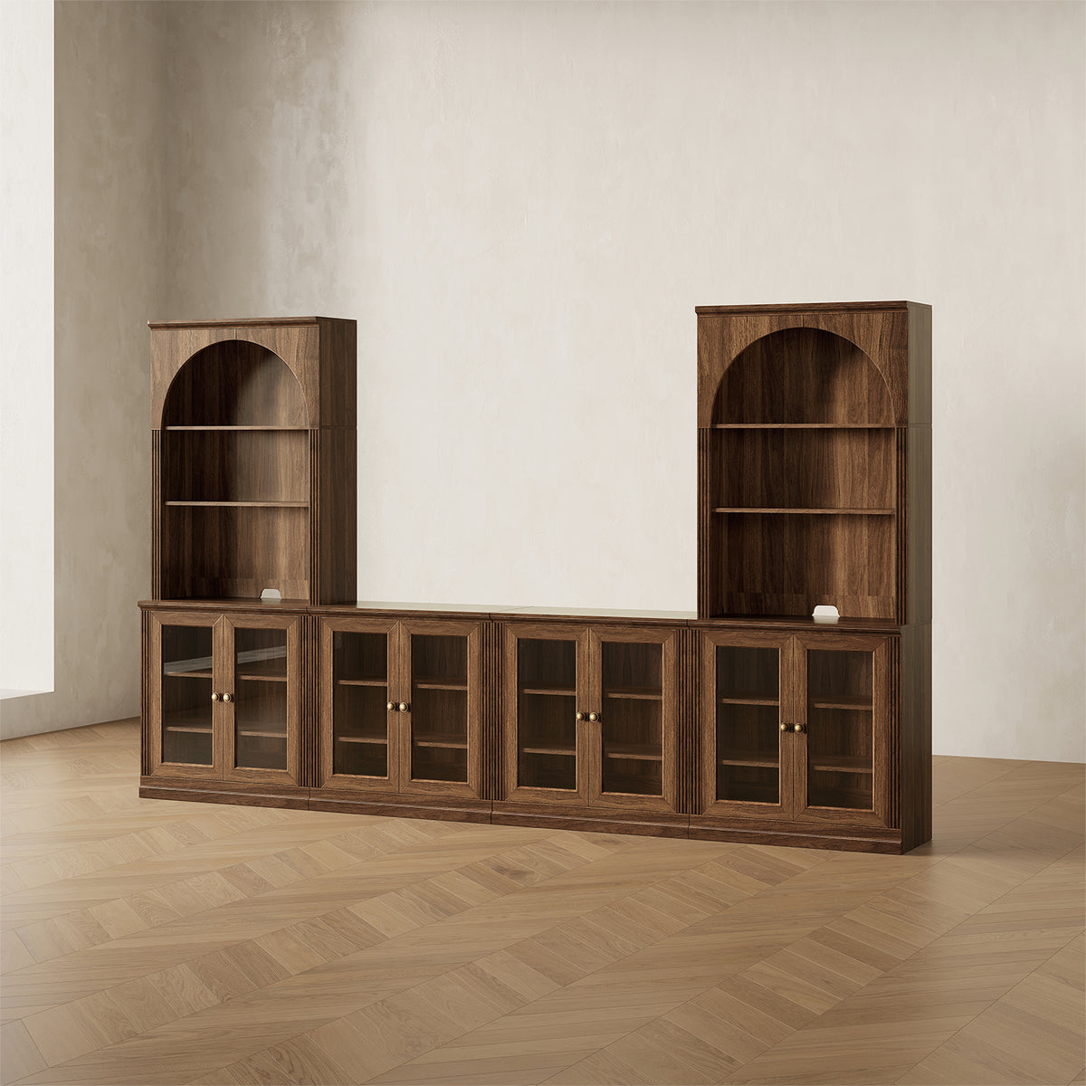 MONOS 4-piece cabinet set in Walnut, angled view