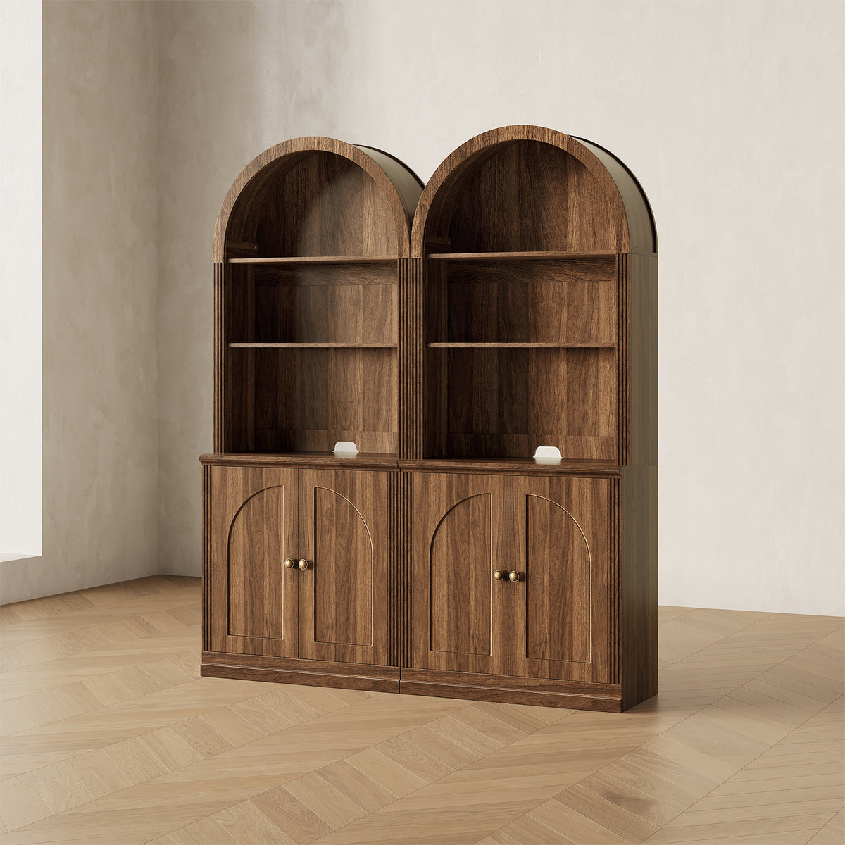MONOS 2-piece tall cabinet set in Walnut, angled view